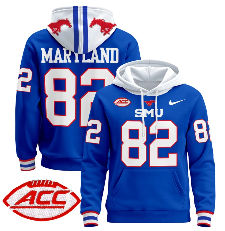Men's RJ Maryland Hoodie #82 SMU Mustangs Pullover ACC Patch by Hoodie Pullover
