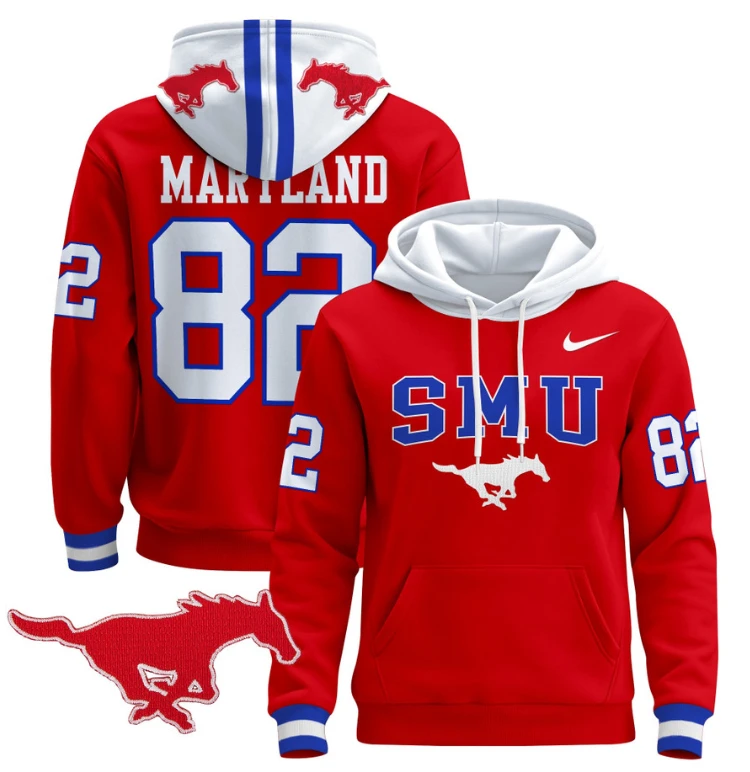 Men's RJ Maryland Hoodie #82 SMU Mustangs Pullover V2 Stitched by Hoodie Pullover