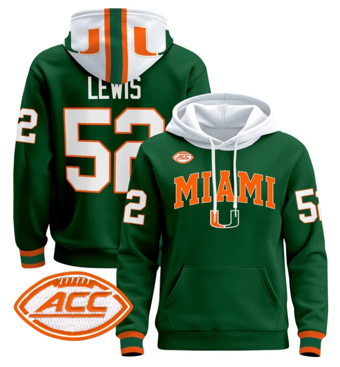 Men's Ray Lewis Hoodie #52 Miami Hurricanes 2024 Pullover V2 by Hoodie Pullover