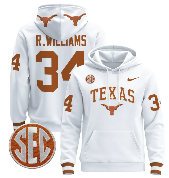 Men's Ricky Williams Hoodie #34 Texas Longhorns Pullover Stitched by Hoodie Pullover