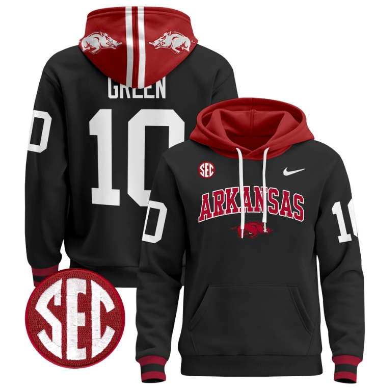 Taylen Green Hoodie #10 Arkansas Razorbacks Pullover Black Alternate by Hoodie Pullover