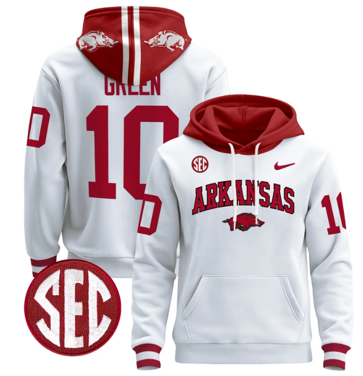 Taylen Green Hoodie #10 Arkansas Razorbacks Pullover Black Alternate by Hoodie Pullover