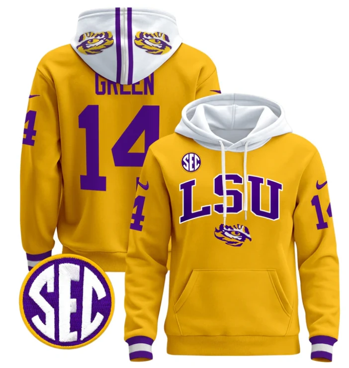 Trey'Dez Green Hoodie #14 LSU Tigers 2024 Pullover Stitched by Hoodie Pullover