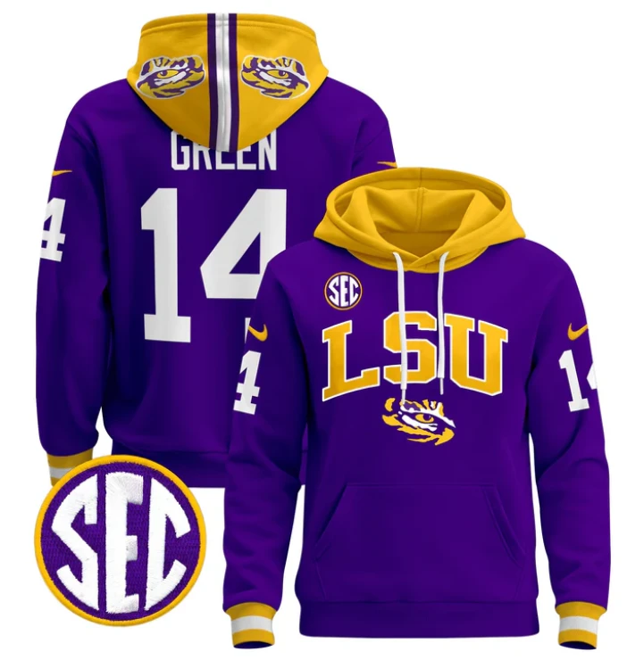 Trey'Dez Green Hoodie #14 LSU Tigers 2024 Pullover Stitched by Hoodie Pullover