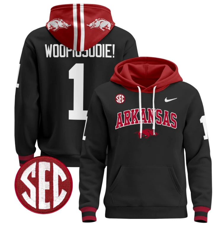 Woo Pig Sooie Hoodie #1 Arkansas Razorbacks Pullover Black White by Hoodie Pullover