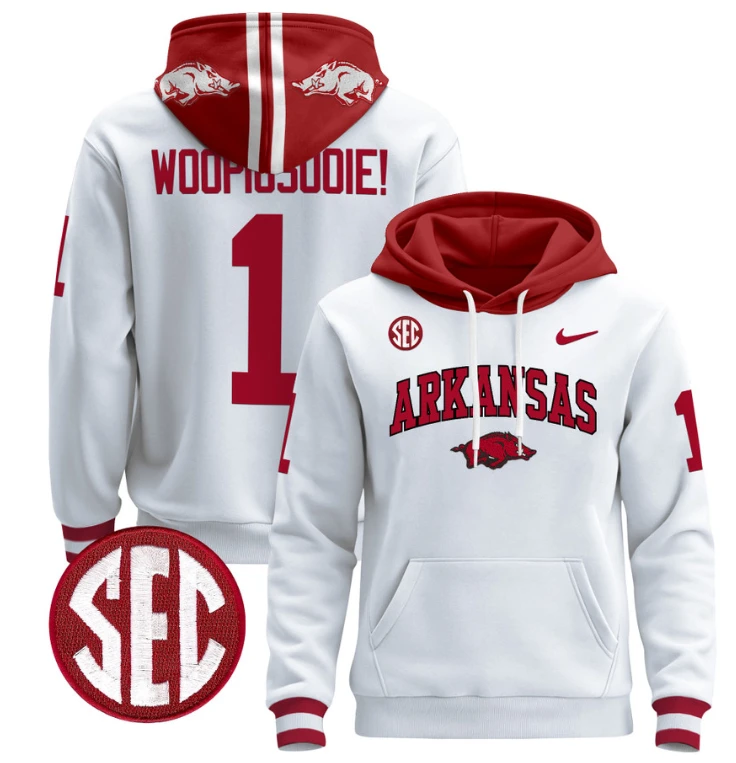 Woo Pig Sooie Hoodie #1 Arkansas Razorbacks Pullover Black White by Hoodie Pullover
