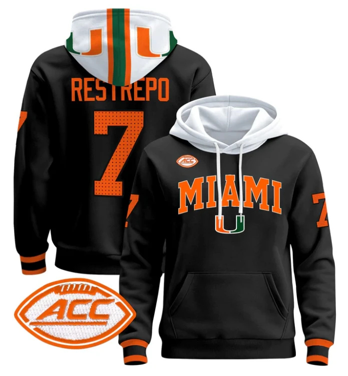 Men's Xavier Restrepo Hoodie #7 Miami Hurricanes 2024 Pullover V2 by Hoodie Pullover