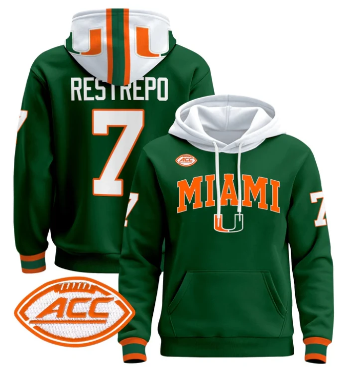Men's Xavier Restrepo Hoodie #7 Miami Hurricanes 2024 Pullover V2 by Hoodie Pullover