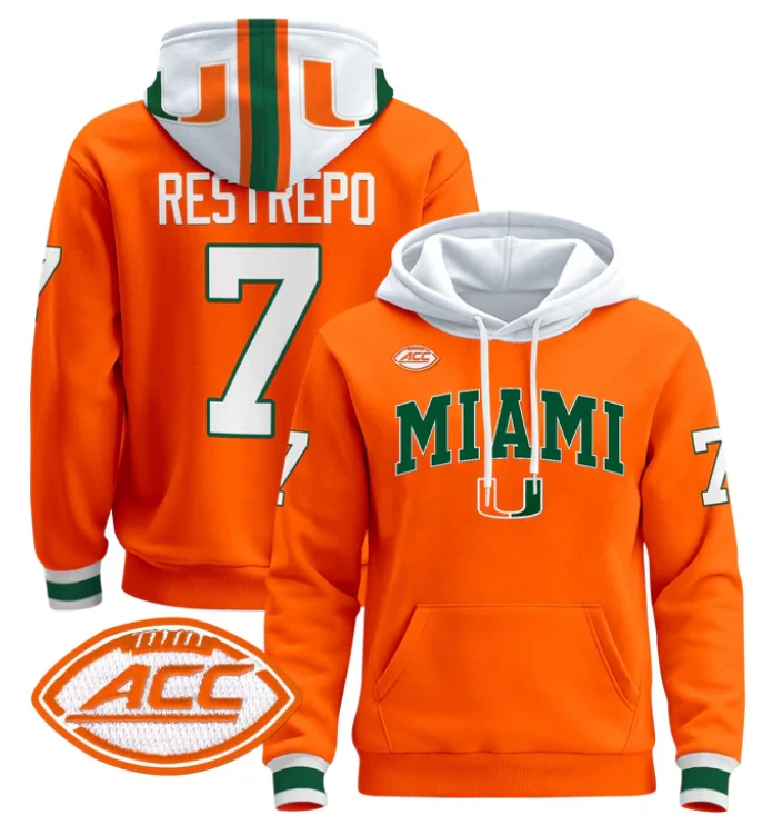 Men's Xavier Restrepo Hoodie #7 Miami Hurricanes 2024 Pullover V2 by Hoodie Pullover
