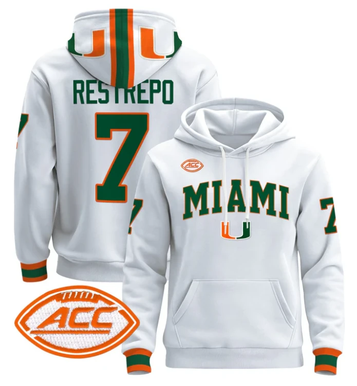 Men's Xavier Restrepo Hoodie #7 Miami Hurricanes 2024 Pullover V2 by Hoodie Pullover