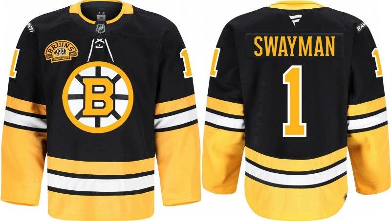 Men's boston bruins #1 jeremy swayman black 100th anniversary stitched hockey by Hockey David