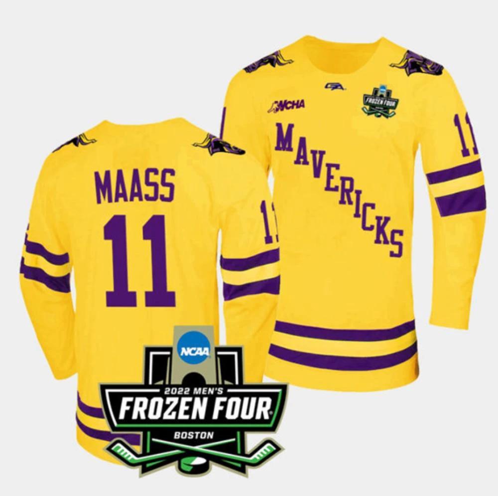 Mens Massachusetts Minutemen #11 Benton Maass College Hockey Jersey Gold by Hockey David