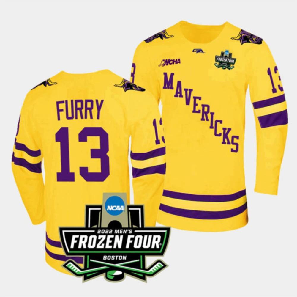 Mens Massachusetts Minutemen #13 Brendan Furry College Hockey Jersey Gold by Hockey David