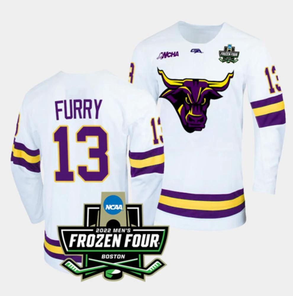 Mens Massachusetts Minutemen #13 Brendan Furry College Hockey Jersey White by Hockey David