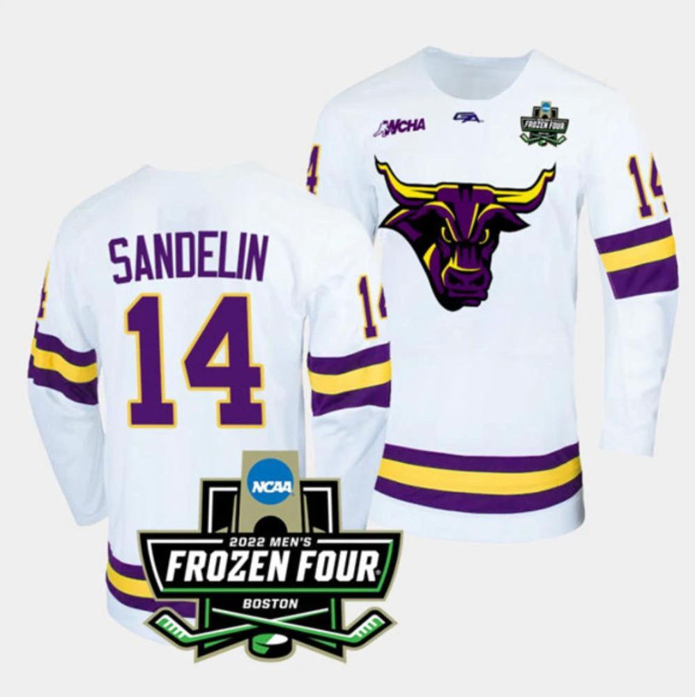 Mens Massachusetts Minutemen #14 Ryan Sandelin College Hockey Jersey White by Hockey David