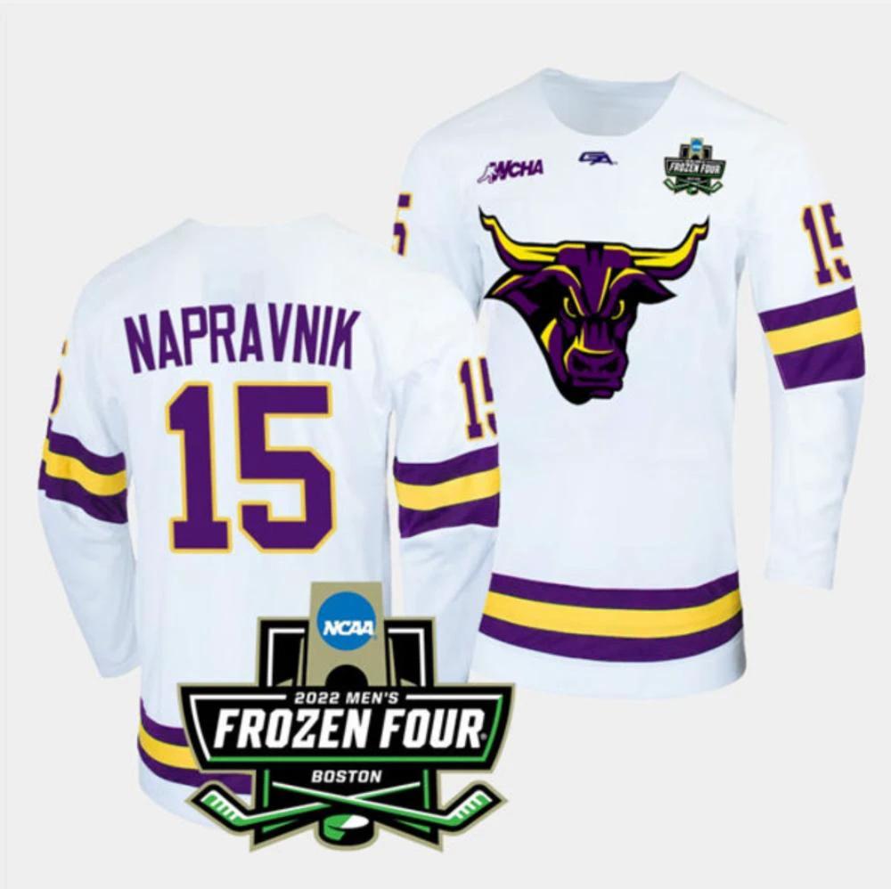 Mens Massachusetts Minutemen #15 Julian Napravnik College Hockey Jersey White by Hockey David