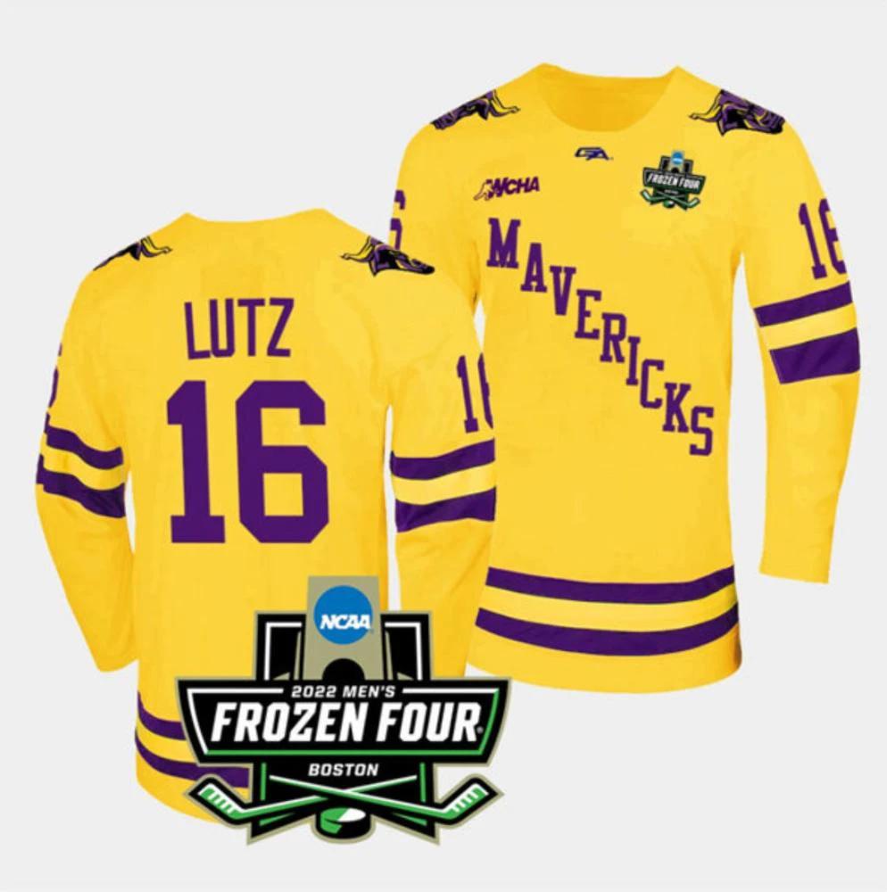 Mens Massachusetts Minutemen #16 Reggie Lutz College Hockey Jersey Gold by Hockey David