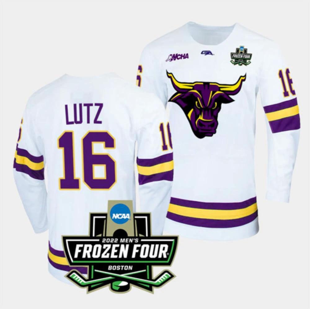 Mens Massachusetts Minutemen #16 Reggie Lutz College Hockey Jersey White by Hockey David
