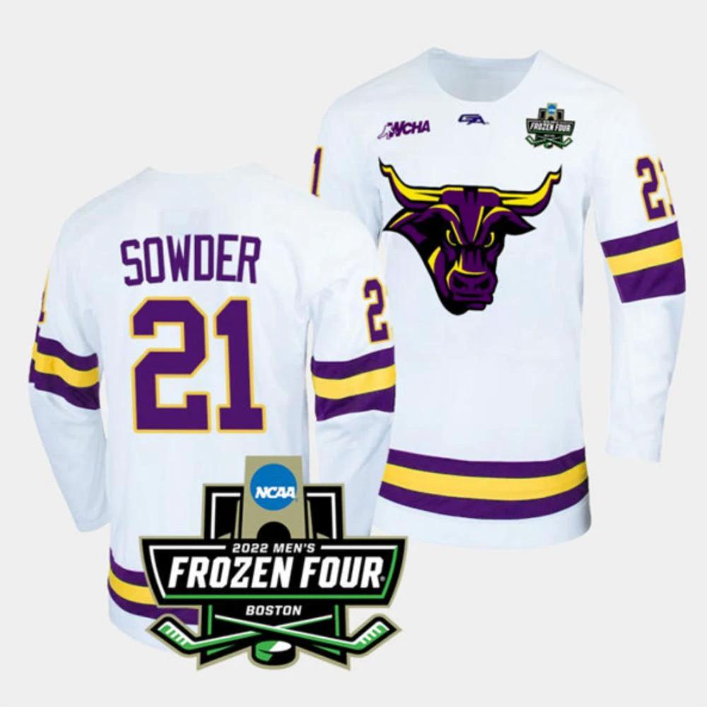 Mens Massachusetts Minutemen #21 Lucas Sowder College Hockey Jersey White by Hockey David