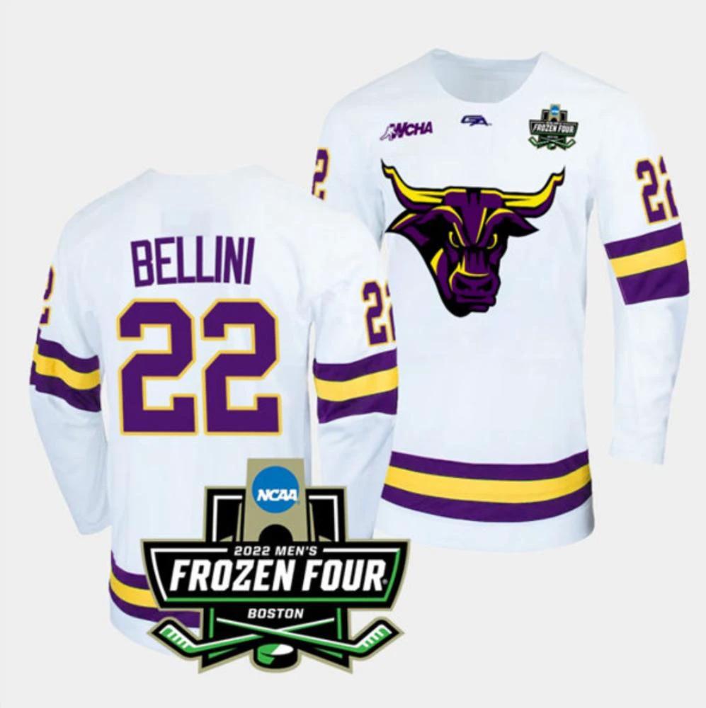 Mens Massachusetts Minutemen #22 Steven Bellini College Hockey Jersey White by Hockey David