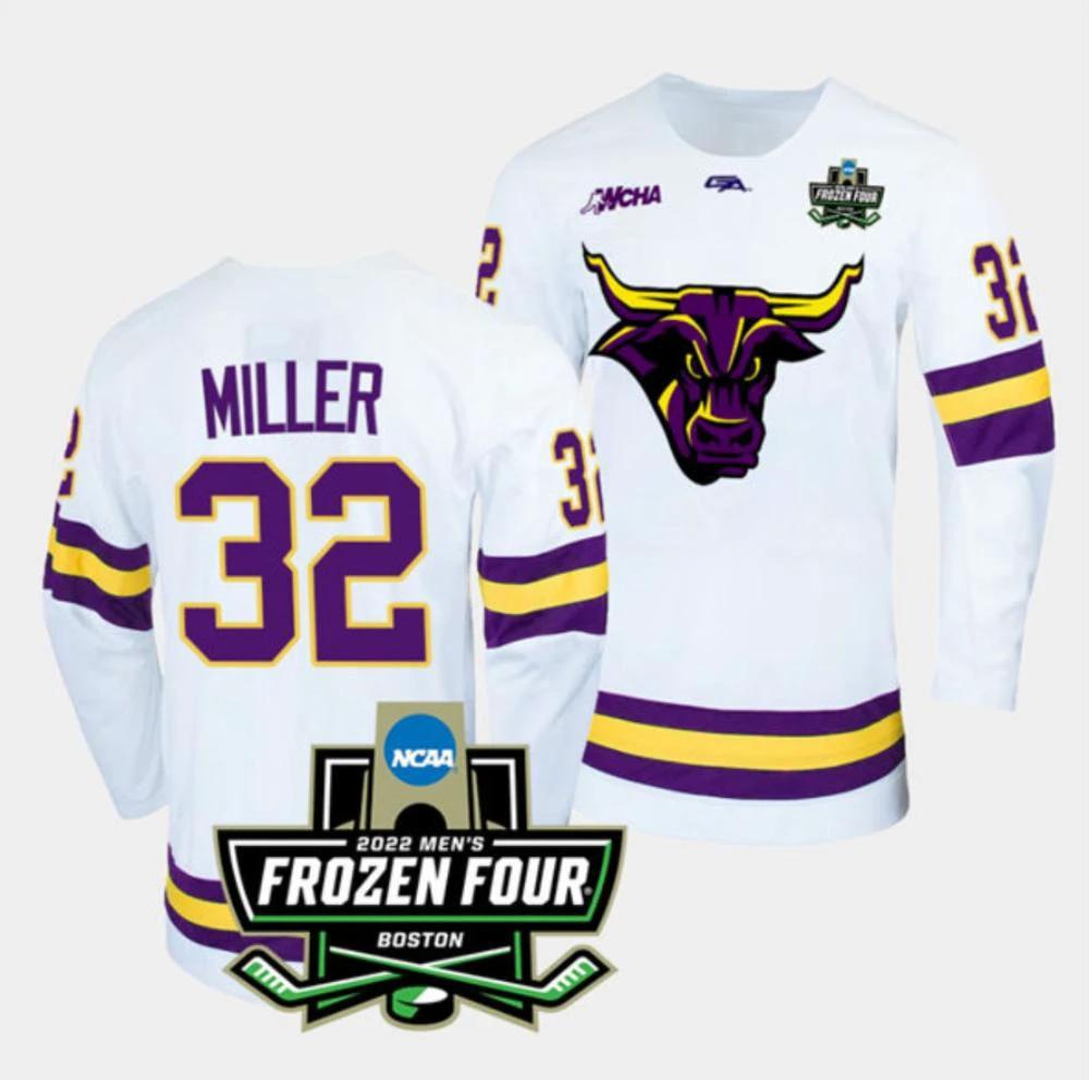 Mens Massachusetts Minutemen #32 Andrew Miller College Hockey Jersey White by Hockey David