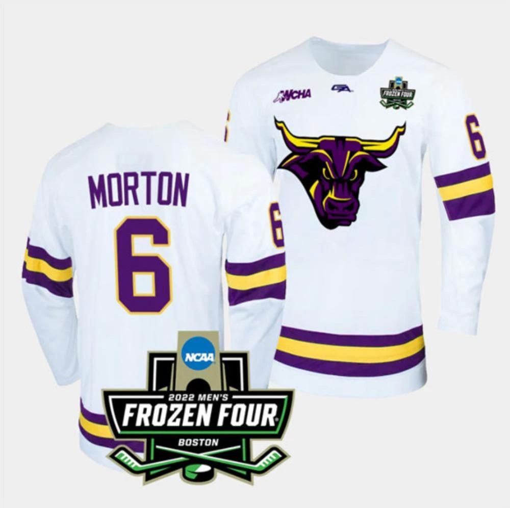 Mens Massachusetts Minutemen #6 Sam Morton College Hockey Jersey White by Hockey David