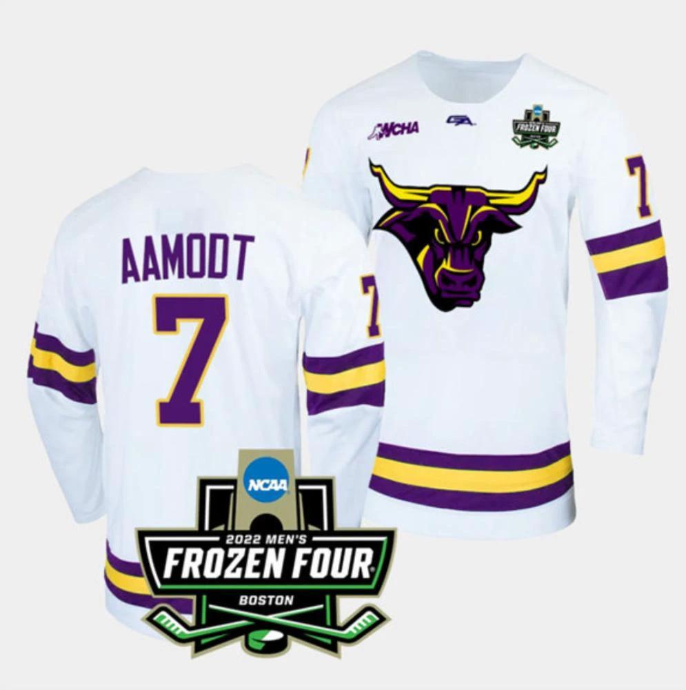 Mens Massachusetts Minutemen #7 Wyatt Aamodt College Hockey Jersey White by Hockey David