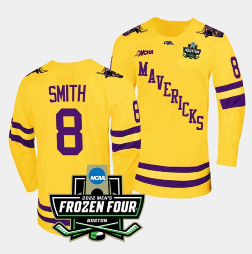 Mens Massachusetts Minutemen #8 Nathan Smith College Hockey Jersey Gold by Hockey David
