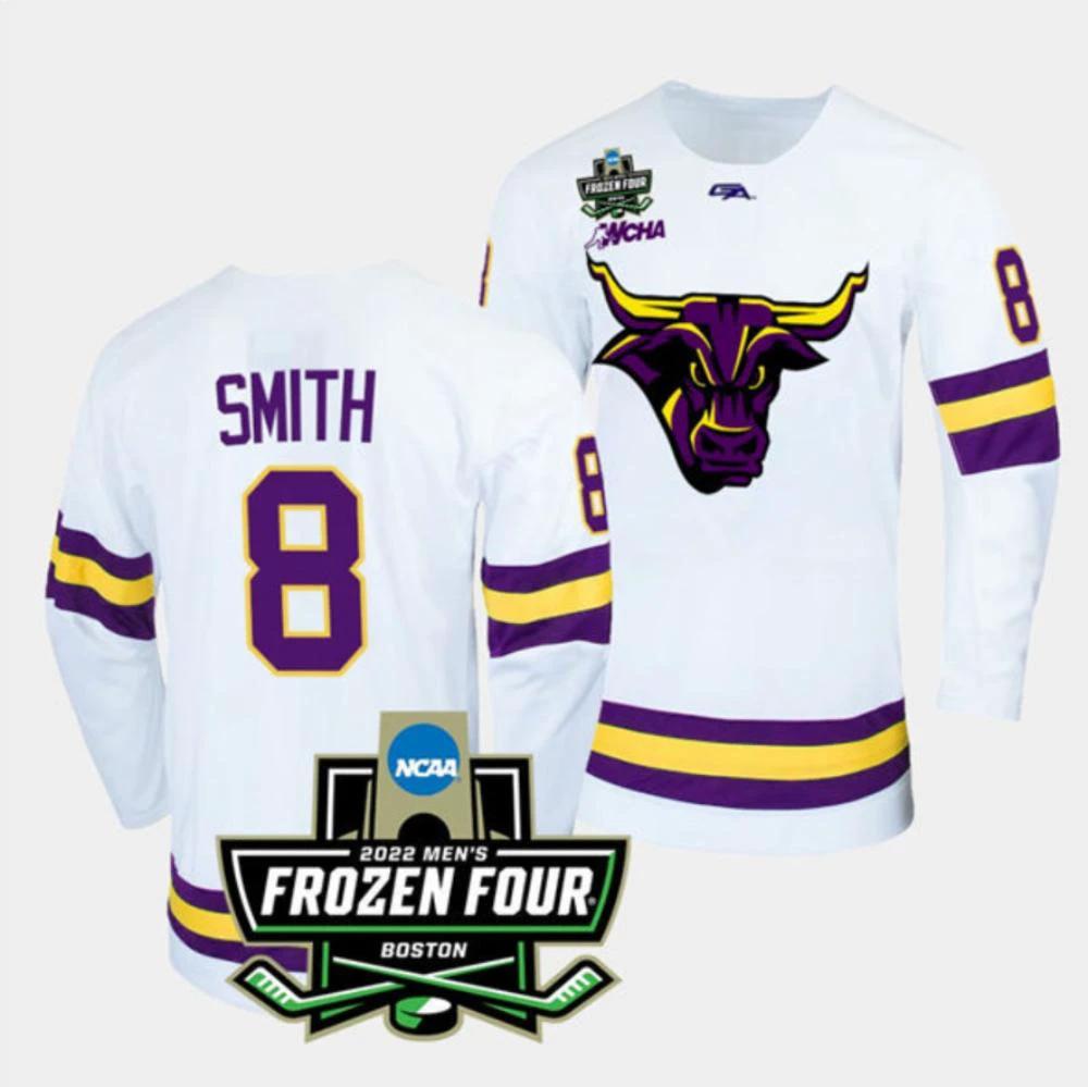 Mens Massachusetts Minutemen #8 Nathan Smith College Hockey Jersey White by Hockey David