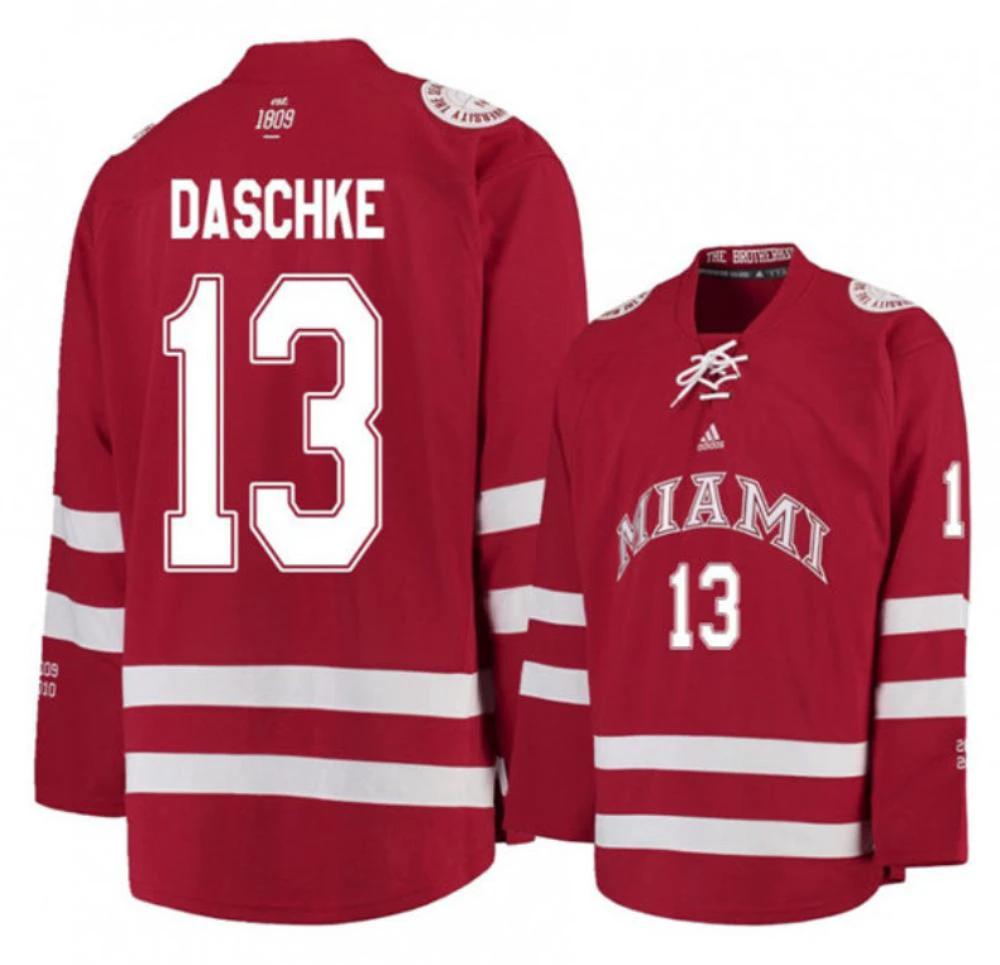 Mens Miami University RedHawks #13 Derek Daschke Red College Hockey Jersey by Hockey David