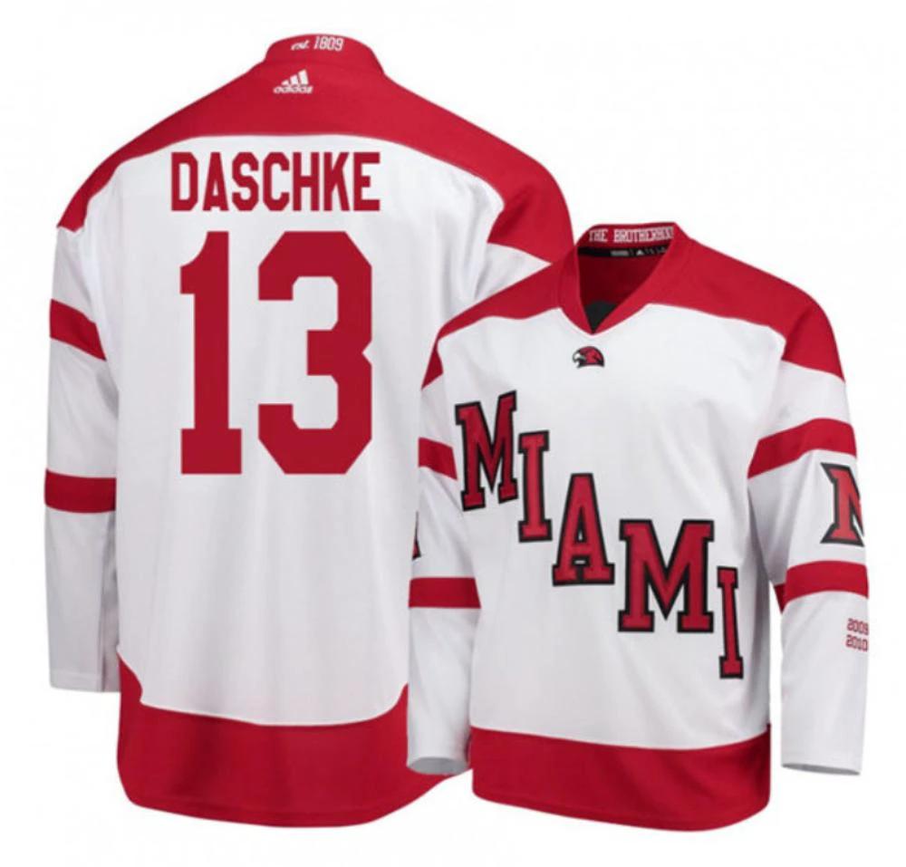 Mens Miami University RedHawks #13 Derek Daschke White College Hockey Jersey by Hockey David