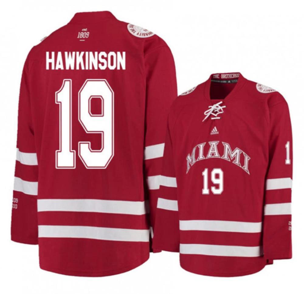 Mens Miami University RedHawks #19 Brian Hawkinson Red College Hockey Jersey by Hockey David