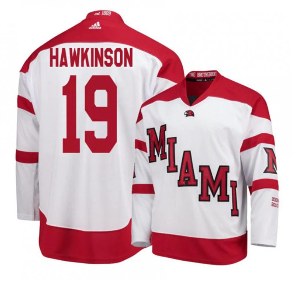 Mens Miami University RedHawks #19 Brian Hawkinson White College Hockey Jersey by Hockey David