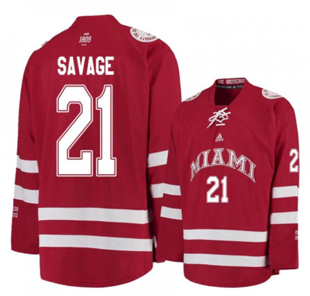 Mens Miami University RedHawks #21 Ryan Savage Red College Hockey Jersey by Hockey David
