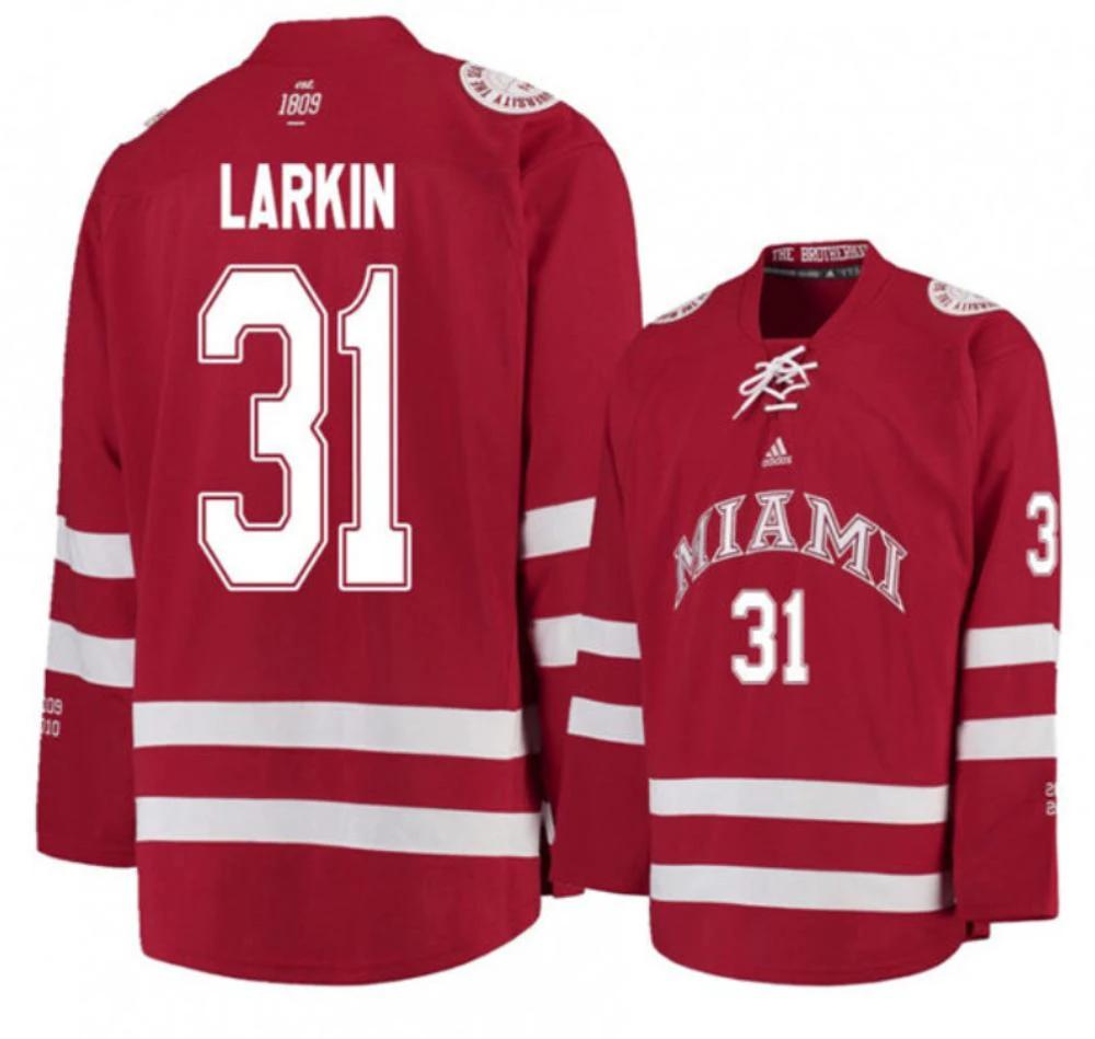 Mens Miami University RedHawks #31 Ryan Larkin Red College Hockey Jersey by Hockey David