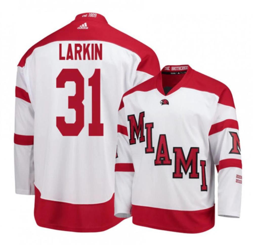 Mens Miami University RedHawks #31 Ryan Larkin White College Hockey Jersey by Hockey David