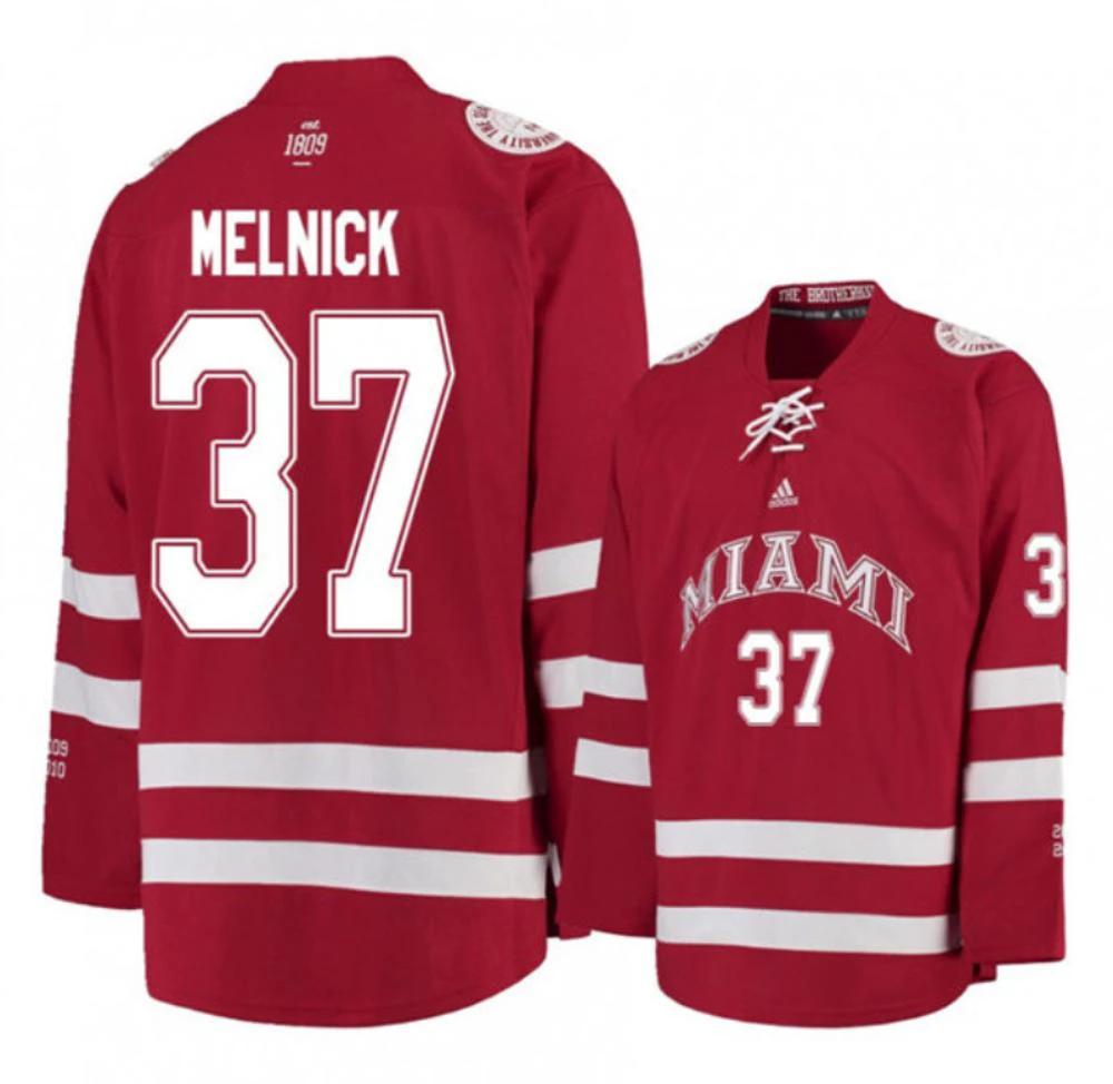 Mens Miami University RedHawks #37 Josh Melnick Red College Hockey Jersey by Hockey David