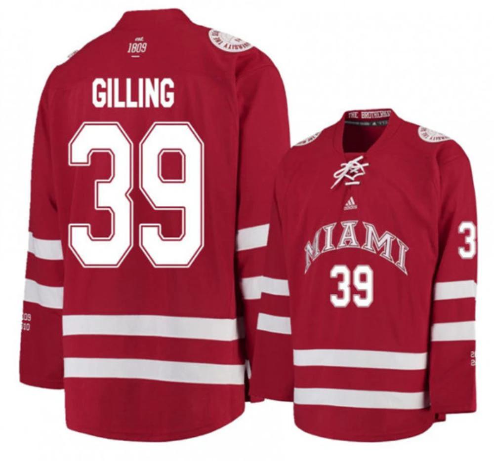 Mens Miami University RedHawks #39 Casey Gilling Red College Hockey Jersey by Hockey David