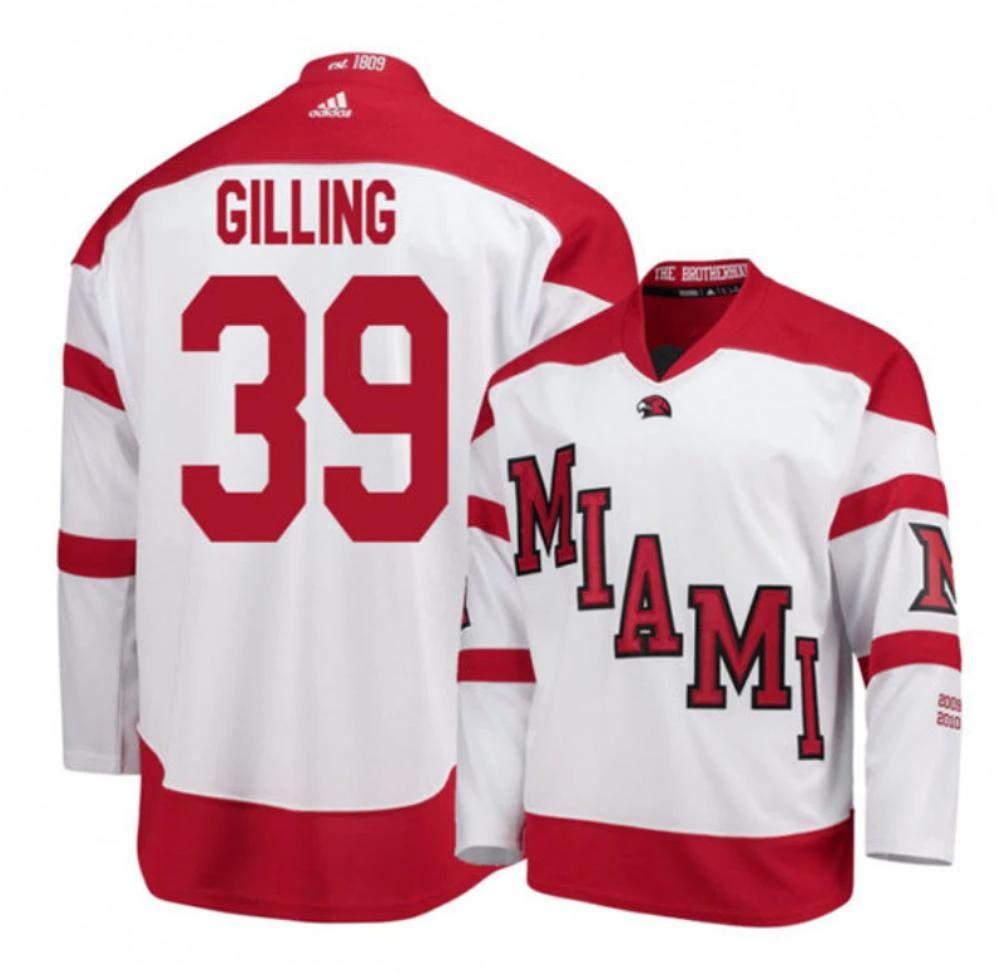 Mens Miami University RedHawks #39 Casey Gilling White College Hockey Jersey by Hockey David