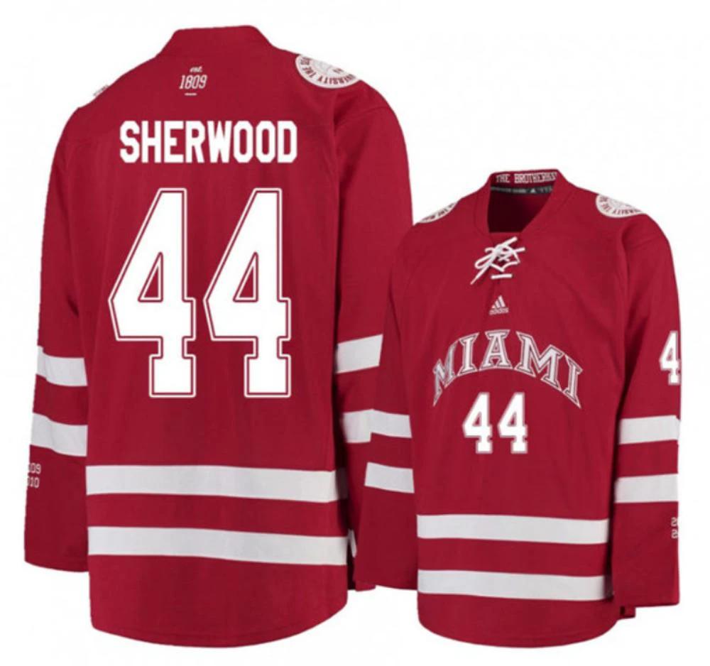 Mens Miami University RedHawks #44 Kiefer Sherwood Red College Hockey Jersey by Hockey David