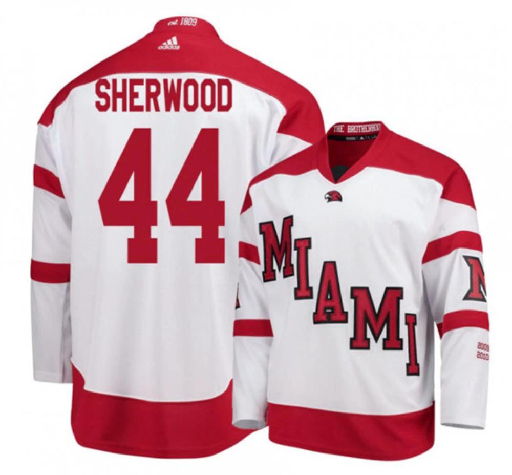Mens Miami University RedHawks #44 Kiefer Sherwood White College Hockey Jersey by Hockey David