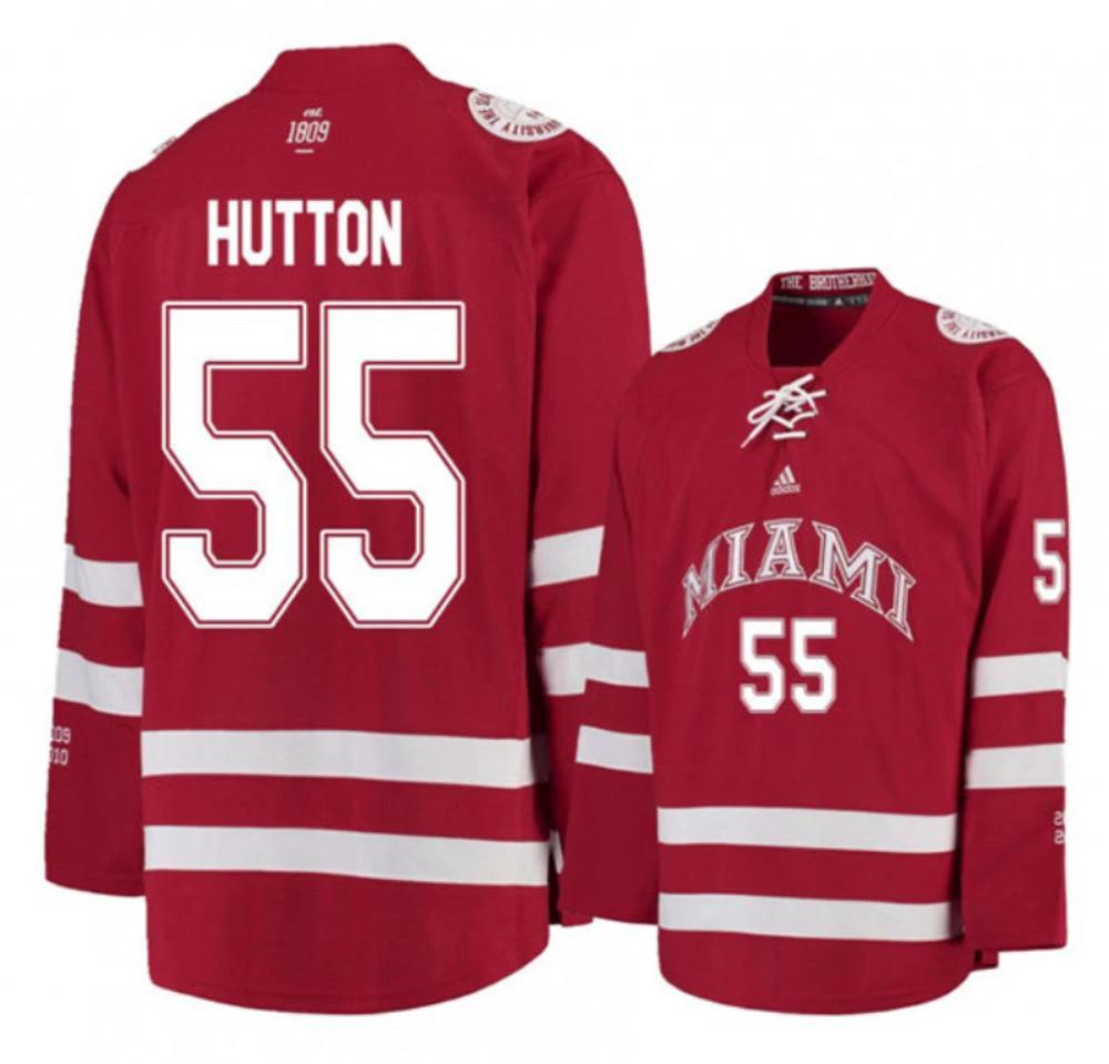 Mens Miami University RedHawks #55 Grant Hutton Red College Hockey Jersey by Hockey David