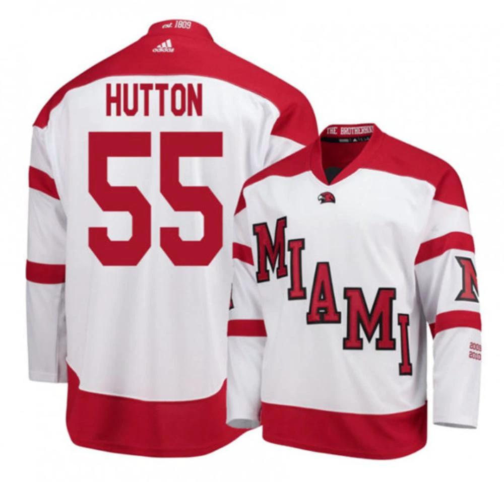 Mens Miami University RedHawks #55 Grant Hutton White College Hockey Jersey by Hockey David