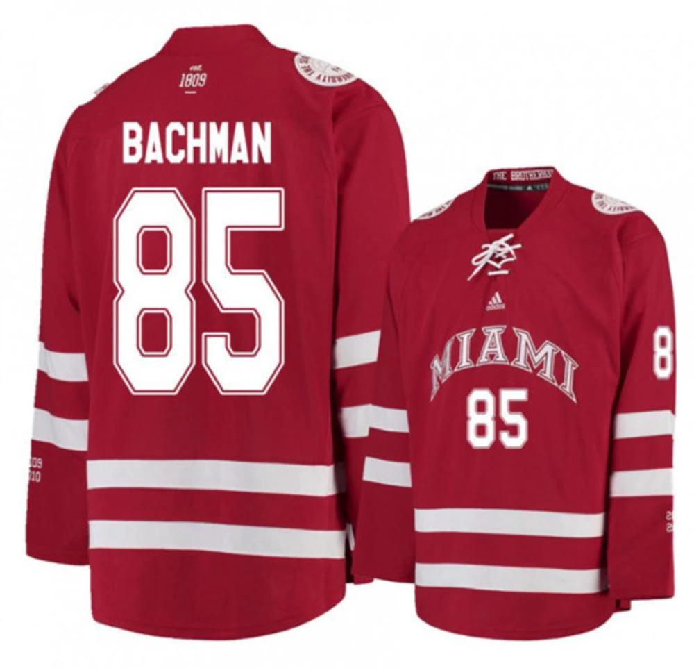 Mens Miami University RedHawks #85 Karch Bachman Red College Hockey Jersey by Hockey David