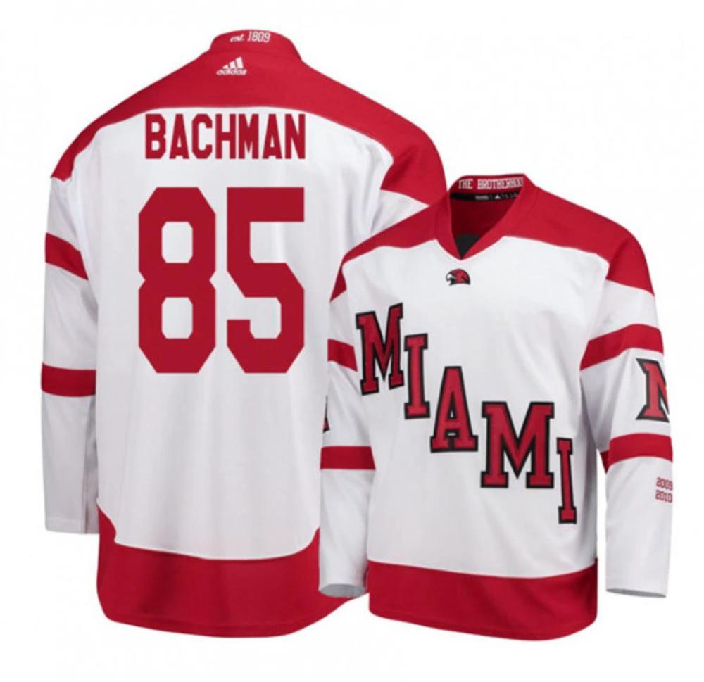 Mens Miami University RedHawks #85 Karch Bachman White College Hockey Jersey by Hockey David