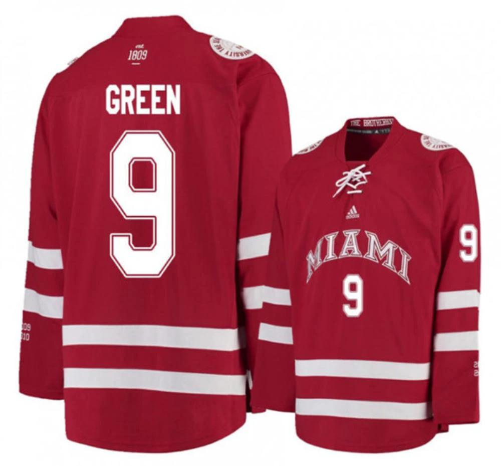 Mens Miami University RedHawks #9 Gordie Green Red College Hockey Jersey by Hockey David