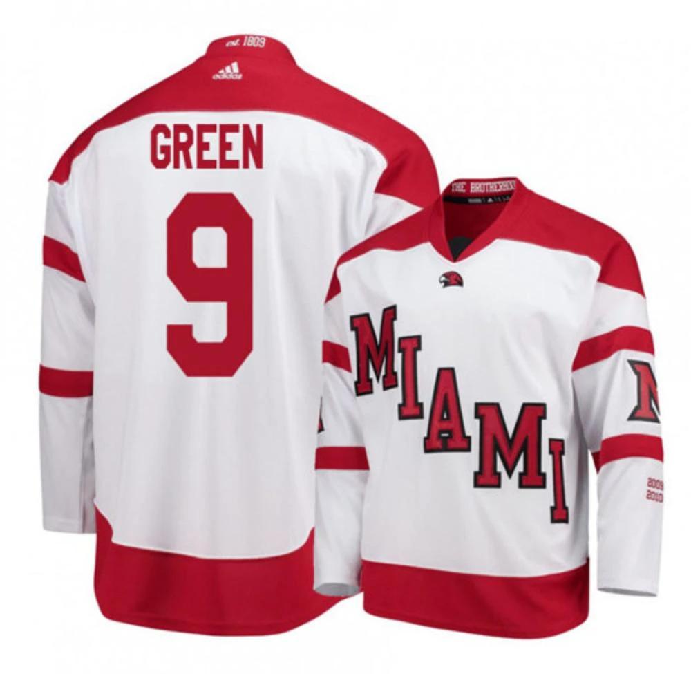 Mens Miami University RedHawks #9 Gordie Green White College Hockey Jersey by Hockey David