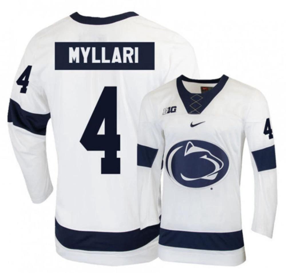 Mens Penn State Nittany Lions #4 Kris Myllari Stitched White Hockey Jerse by Hockey David