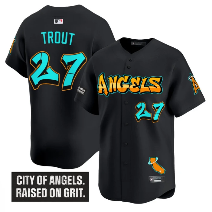 Mike Trout Jersey #27 Los Angeles Angels Graffiti Halo Drop Edition Black by My Store