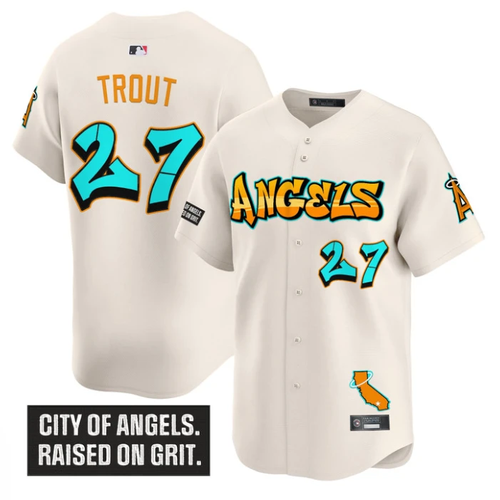 Mike Trout Jersey #27 Los Angeles Angels Graffiti Halo Drop Edition Cream by My Store